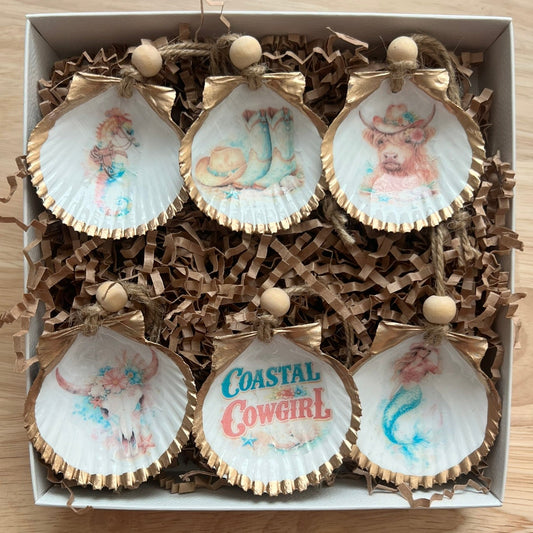 Coastal cowgirl seashell ornament gift set western themed scallop shell ornaments Dogfish Design 13