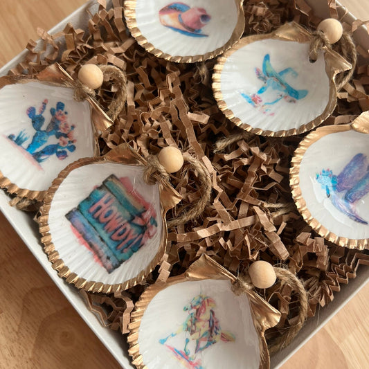 Neon rodeo seashell ornament gift set western phrase scallop shells Dogfish Design 13