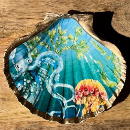 teal ocean scallop shell trinket dish coastal beach house decor