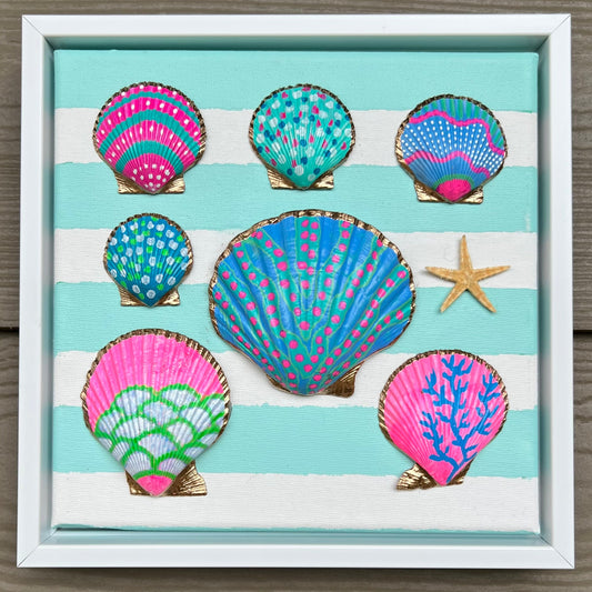 Cabana Stripe Shell Art | Framed Coastal Canvas Art | 8x8