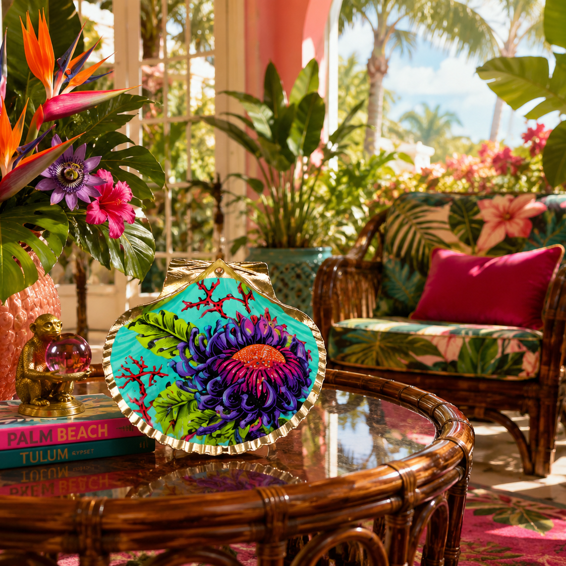 tropical coastal shell decor in palm beach inspired interior with neon botanica seashell