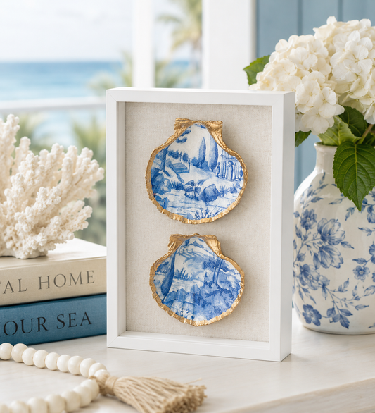 Chinoiserie Scallop Shell Shadow Box | Blue & White Coastal Wall Decor (8x10)