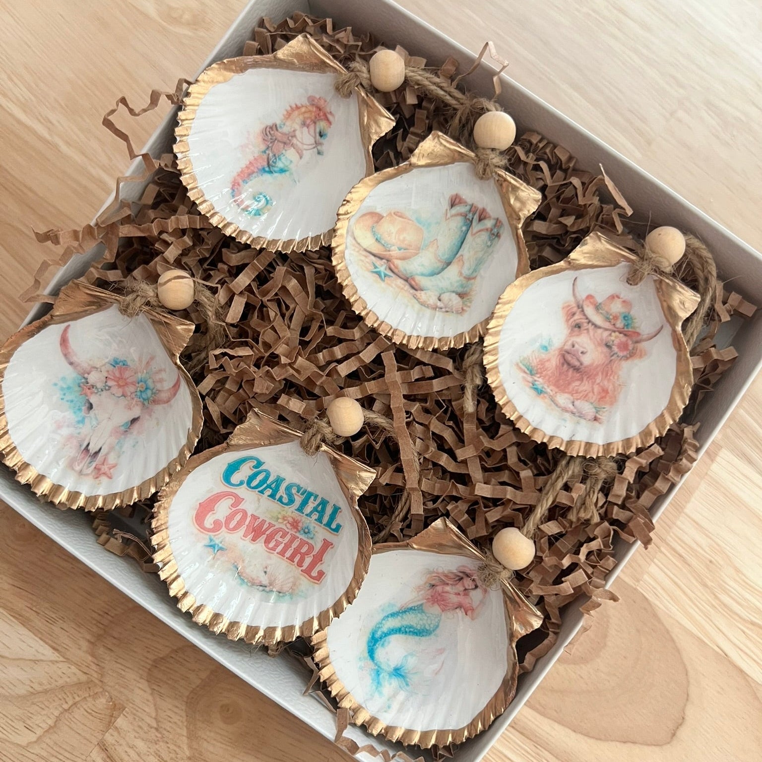 Coastal cowgirl mermaid seashell ornament gift set western themed scallop shell ornaments Dogfish Design 13