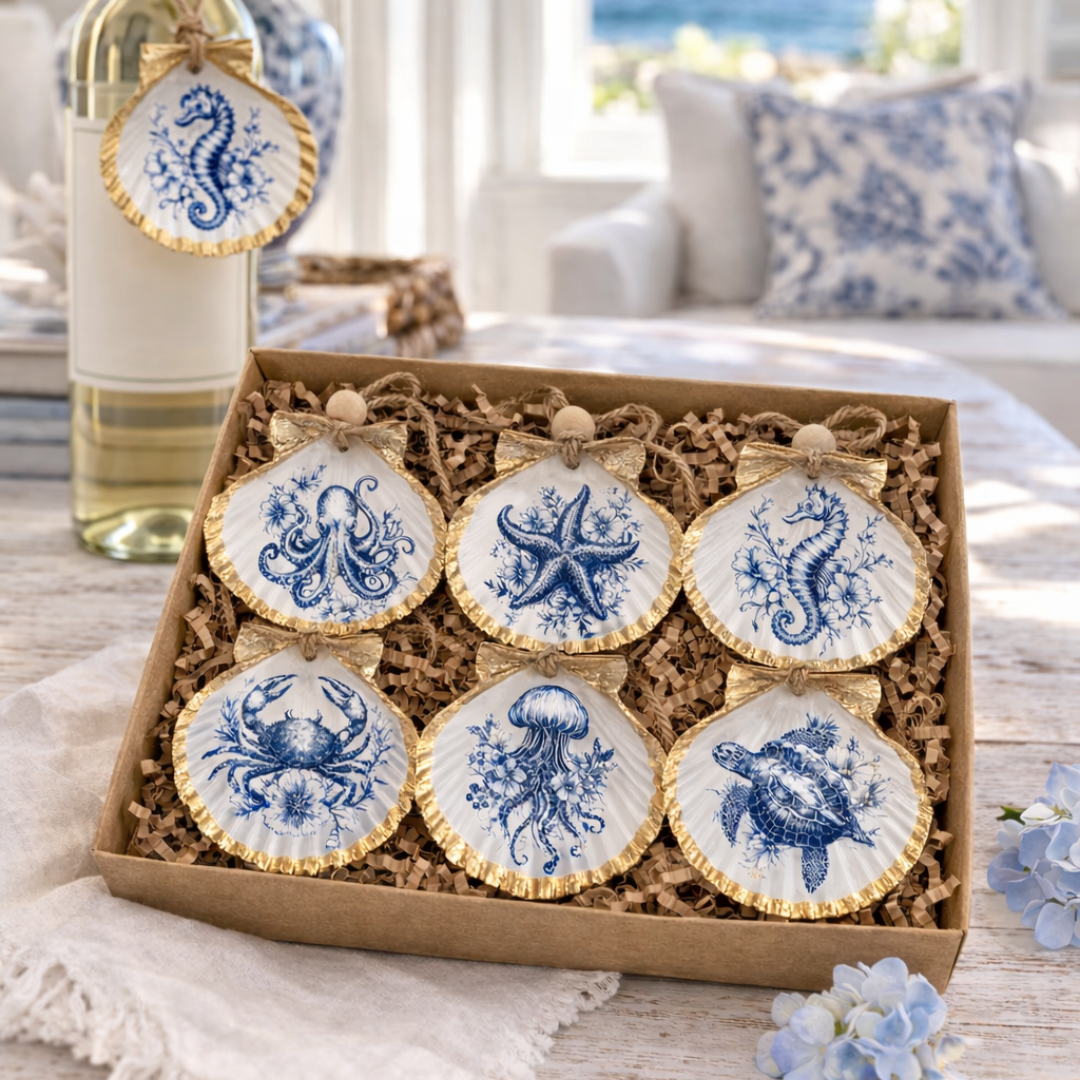 Nantucket Coastal gift set with decorative shell-shaped coasters and a bottle of wine.