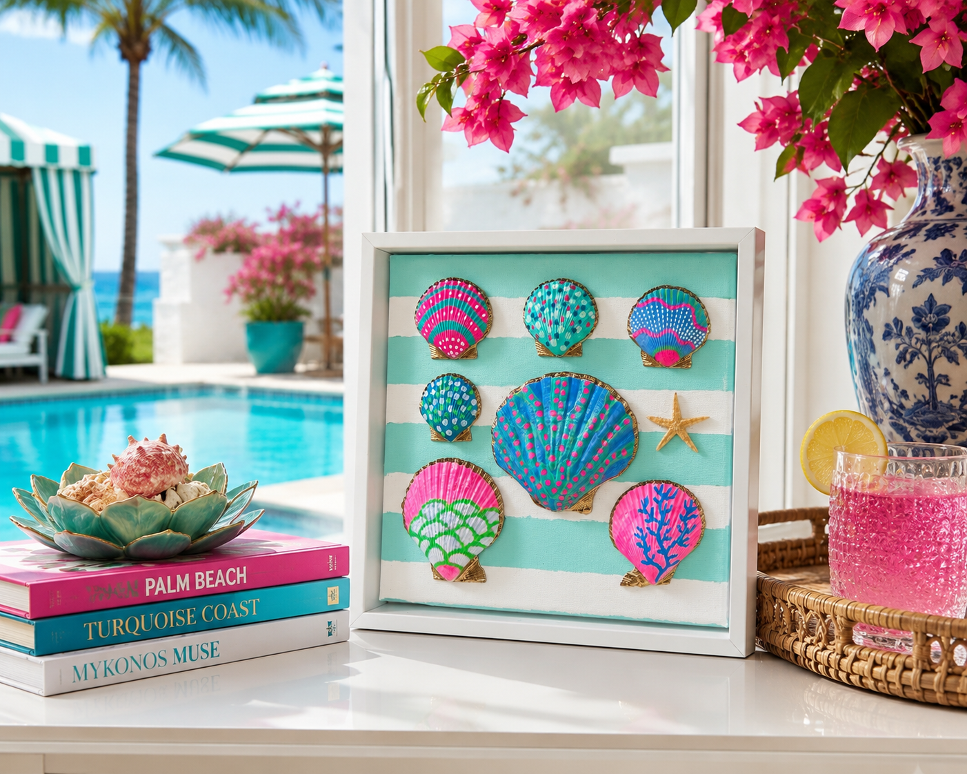 Cabana Stripe Shell Art | Framed Coastal Canvas Art | 8x8
