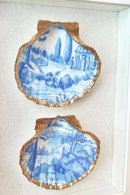 Chinoiserie Scallop Shell Shadow Box | Blue & White Coastal Wall Decor (8x10)