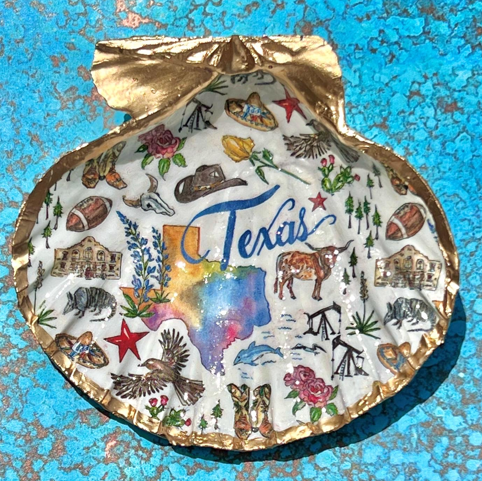 Decorative plate with Texas-themed illustrations on a blue textured background