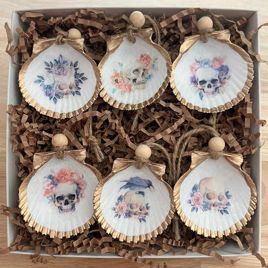 Gothic floral skull seashell ornament gift set vintage tattoo style scallop shells Dogfish Design 13Floral skull seashell ornament gift set vintage tattoo style scallop shell ornaments Dogfish Design 13