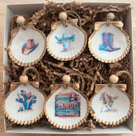Neon rodeo seashell ornament gift set western phrase scallop shells Dogfish Design 13